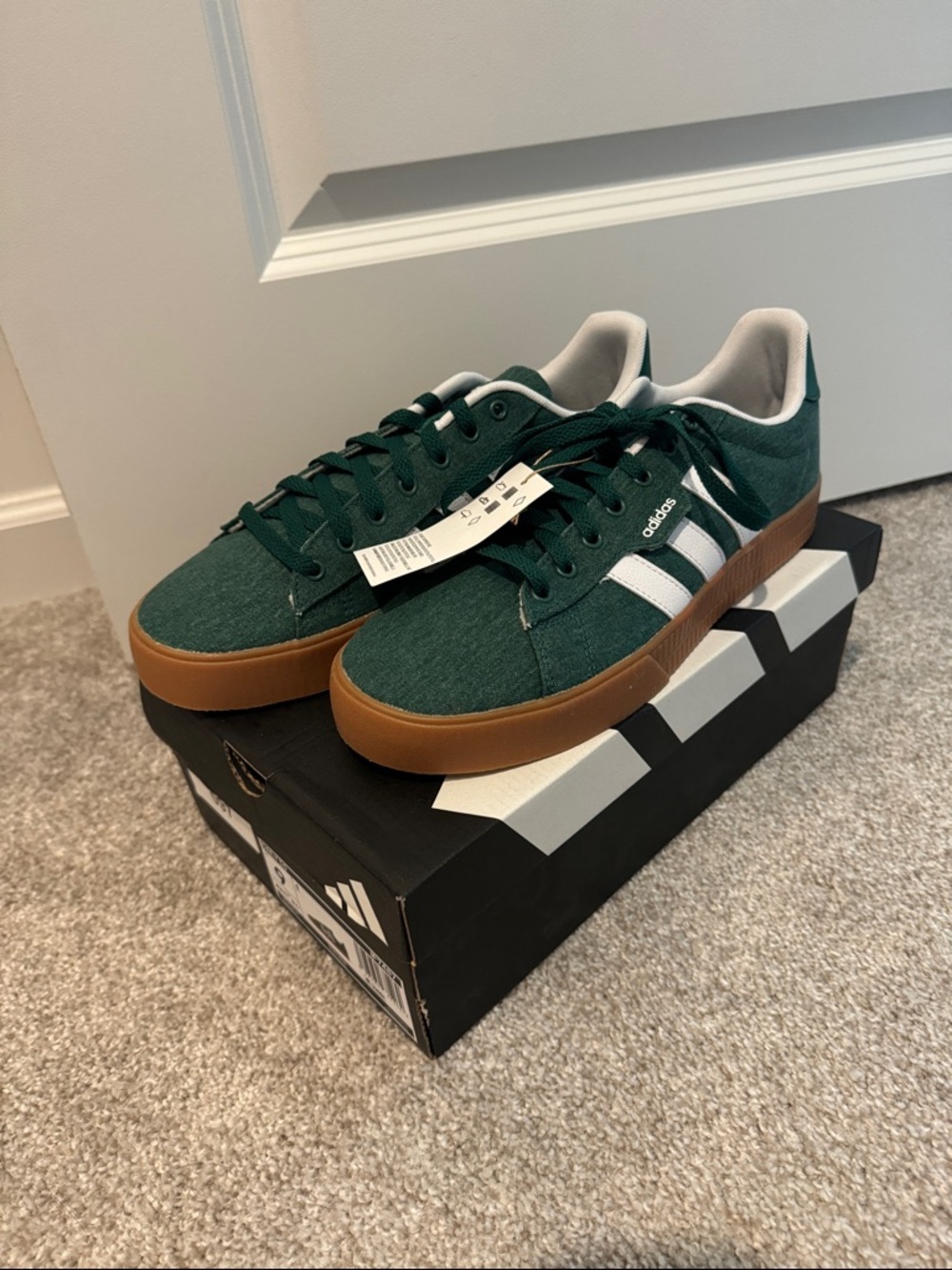adidas Dark Green Canvas Sneakers with Gum Sole and White Stripes